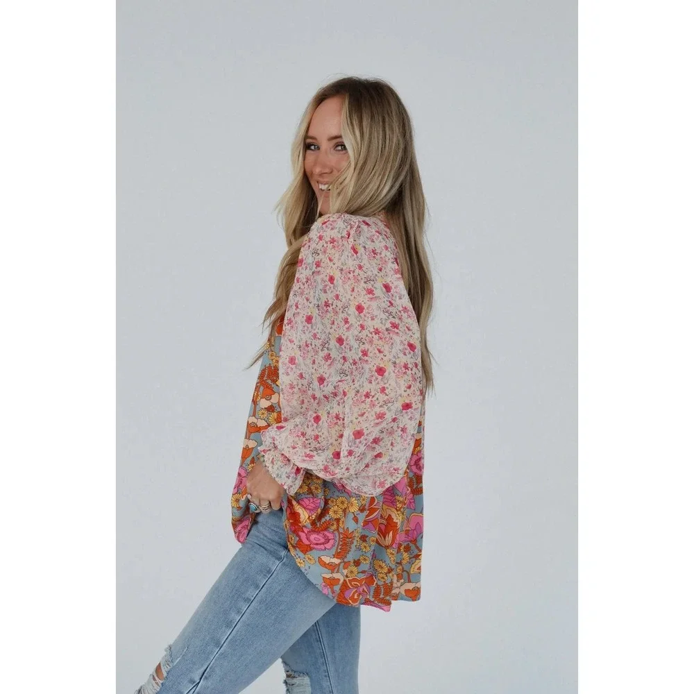 Jodifl Women Floral Patchwork Boho Babydoll Blouse Balloon Sleeve Blue Pink M